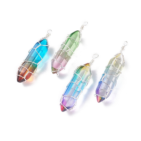 Honeyhandy Glass Pendants, with Glass Double Terminated Point Beads and Copper Jewelry Wire, Bullet, Mixed Color, 37~41.5x9~10mm, Hole: 1.4~2mm