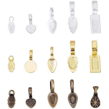 PandaHall Elite 225pcs 15 Styles Glue On Bails Spoon Glue-on Pendant Bails Necklace Bails Scrabble Glue On Earring Bails for Pendants Necklace Earring Jewelry Making (Antique Bronze, Golden, Silver)