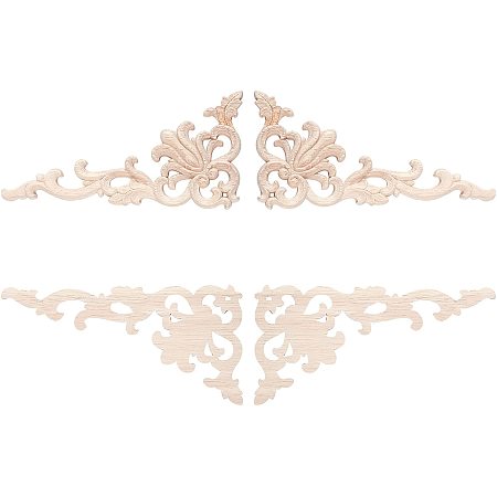 SUPERFINDINGS 4pcs Rubber Wood Carved Applique Onlay Furniture Unpainted Decoration Wood Carved Decoration Appliques for Front Door Cabinet Decoration, 202x96x7mm