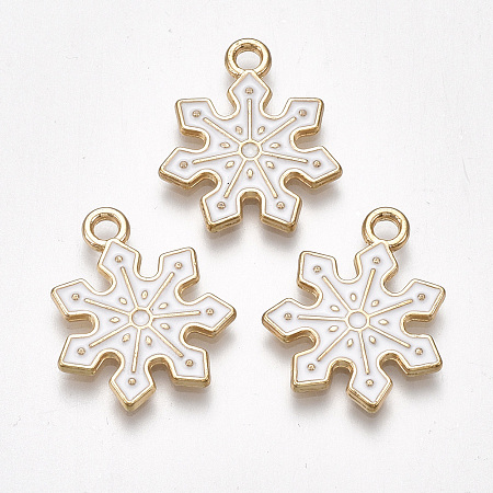 Alloy Pendants, Cadmium Free & Lead Free, with Enamel, Snowflake, Light Gold, White, 21x18x1.5mm, Hole: 2mm