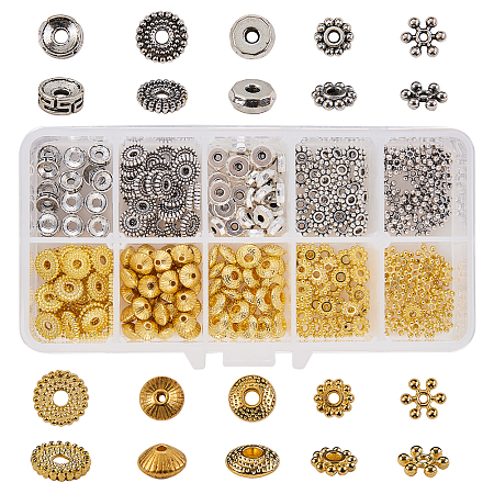 SUNNYCLUE Tibetan Style Alloy Spacer Beads, Mixed Shapes, with Bead Container, Antique Silver & Golden, 13x5x1.5cm; about 360pcs/box