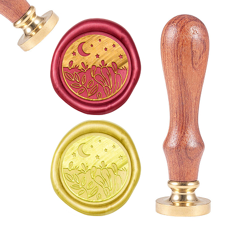 CRASPIRE Brass Wax Seal Stamp, with Natural Rosewood Handle, for DIY Scrapbooking, Golden, Plants Pattern, Stamp: 25mm, Handle: 79.5x21.5mm