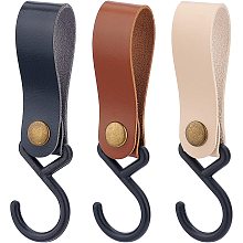 GORGECRAFT 3Pcs 3 Colors Leather Strap Hooks Plastic Carabiners Hanging Rack PU Leather Bathroom Towels Hook Wall Cups Pan Pot Hanger Buckle Cookware for Clothes Home Kitchen Accessories