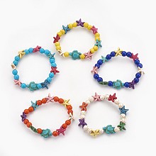 Honeyhandy Synthetic Turquoise(Dyed) Beads Kids Stretch Bracelets, Sea Turtle & Starfish/Sea Stars & Round, Mixed Color, 2-1/8 inch(5.5cm)