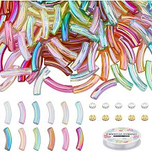 DICOSMETIC DIY Curved Tube Bracelet Kit 120Pcs Colorful Curved Tube Acrylic Beads 1 Roll Elastic Crystal Thread and 60Pcs 2 Colors Rhinestone Rondelle Spacer Beads for DIY Jewelry Making