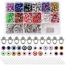 NBEADS 820 Pcs Evil Eye Beads Set, 400 Pcs Flat Evil Eye Beads 320 Pcs Round Evil Eye Beads 50 Pcs Hamsa Hand Evil Eye Charms and 50 Pcs Brass Flat Head Pins for DIY Jewelry Making Kit