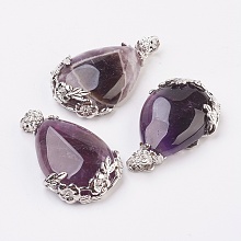 Honeyhandy Natural Amethyst Pendants, with Alloy Pendant Findings, teardrop, Purple, 38x26x8mm, Hole: 5x4mm