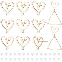 BENECREAT 6 Pairs Real 14K Gold Plated Heart Brass Stud, Hollow Love Earring Findings with Loops and 30Pcs Plastic Ear Nuts for Earring Making, 0.51x0.49inch, Pin: 0.7mm