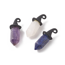 Honeyhandy 3Pcs Natural Mixed Gemstone Double Terminal Pointed Pendants, Faceted Bullet Charms, with Halloween Alloy 3D Magic Hat, 30x11mm, Hole: 1.5mm and 1.5x2mm