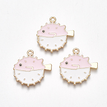 Honeyhandy Alloy Pendants, Cadmium Free & Lead Free, with Enamel, Fish, Light Gold, Pink, 24x22x1mm, Hole: 2mm