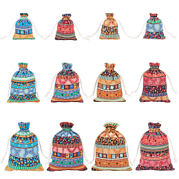 NBEADS 12 Pcs 3 Sizes Drawstring Gift Bags, Bohemian Linenette Drawstring Bags Ethnic Style Burlap Bags for Wedding Party Arts Craft Presents Snacks Jewelry