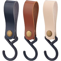 GORGECRAFT 3Pcs 3 Colors Leather Strap Hooks Plastic Carabiners Hanging Rack PU Leather Bathroom Towels Hook Wall Cups Pan Pot Hanger Buckle Cookware for Clothes Home Kitchen Accessories