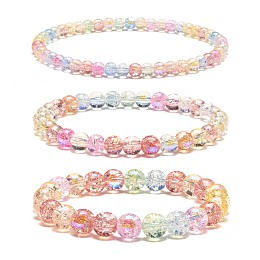 Honeyhandy Sparkling Crackle Glass Round Beads Stretch Bracelets Set, Cute Bracelets for Teen Girl Women, Colorful, Inner Diameter: 2~2-1/4 inch(5.2~5.6cm), 3pcs/set