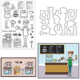 GLOBLELAND Coffee Woman Cut Dies and Clear Stamp Coffee Store Embossing Template and Silicone Stamp for Card Scrapbooking Card Making DIY Craft Decoration