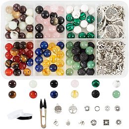 NBEADS 120 Pcs Natural Gemstone/Lava Beads, 60 Pcs Alloy Spacer Beads, 50 Pcs Tibetan Style Alloy Pendants, 50 Pcs Jump Rings, 2 Rolls Elastic Strings and 1 Pc Sharp Steel Scissor for Jewelry Making