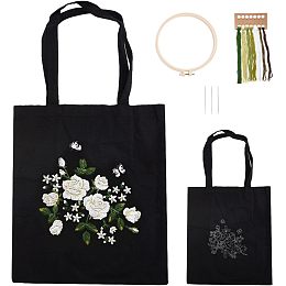 WADORN DIY Embroidery Canvas Bags Kit, Black Tote Bag Embroidery Kits with Flower Pattern for Beginners Canvas Handbag Cross Stitch Kit DIY Crafts Supplies Embroidery Starter Kit for Adults