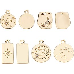 BENECREAT 32Pcs 18K Gold Plated 4Style Flat Round Rectangle Star Moon Pattern Alloy Pendants with Crystal Rhinestone