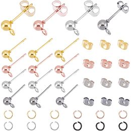 UNICRAFTALE 120Pcs 4 Colors Ball Post Stud Earrings with Loops with 120Pcs Open Jump Rings Iron Stud Earring with Earring Backs Hypoallergenic Mixed Color Stud Earrings Findings for DIY Earring Making