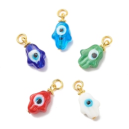 Honeyhandy Handmade Evil Eye Lampwork Pendants, with Iron & Alloy & Brass Finding, Hamsa Hand/Hand of Miriam, Mixed Color, 21x11x7mm, Jump Ring: 6x1mm, 4mm Inner Diameter