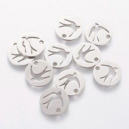 Honeyhandy 304 Stainless Steel Charms, Flat Round with Swallow, Stainless Steel Color, 12x1mm, Hole: 1.5mm