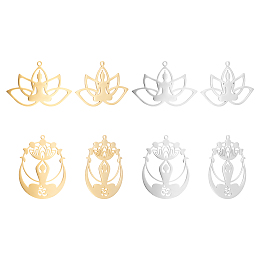 UNICRAFTALE 8pcs 2 Styles Yoga Theme Pendants 201 Stainless Steel Buddha and Lotus Hollow Charms 2 Colors Buddhist Theme Laser Cut Pendants for DIY Jewelry Making