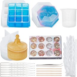 Olycraft DIY Beauty Makeup Storage Box Epoxy Resin Crafts Kits, with Silicone Storage Box Molds, UV Gel Nail Art Tinfoil, Plastic Measuring Cups & Transfer Pipettes, PVC Gloves, Wooden Sticks, White, 82x60mm, 82x38mm, 2pcs/set