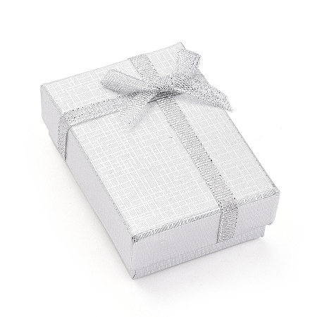 PANDAHALL ELITE Cardboard Necklace Boxes, with Ribbon Bowknot and Sponge Inside, Rectangle, Silver, 7x5x2.5cm