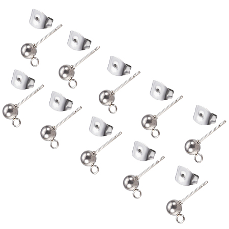 Unicraftale Stainless Iron Ball Stud Earring Findings and 304 Stainless Steel Ear Nuts, Round, Stainless Steel Color, 200pcs/box