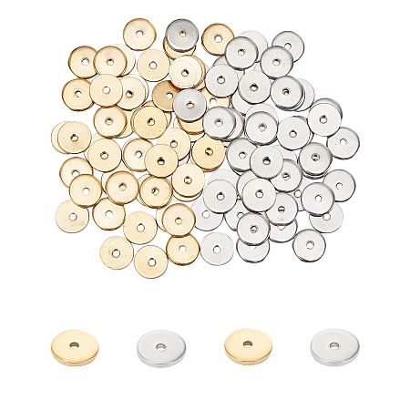 Unicraftale Vacuum Plating 304 Stainless Steel Spacer Beads, Disc, Golden & Stainless Steel Color, 6x0.7mm, Hole: 1.1mm; 2 colors, 50pcs/color, 100pcs/box