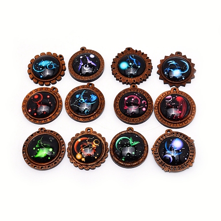 NBEADS Glass Pendants, with Wooden Cabochon Settings, Half Round with 12 Constellations Pattern, Mixed Color, 44x43x11mm, Hole: 3mm, 1pc/constellation, 12 constellation, 12pcs/set