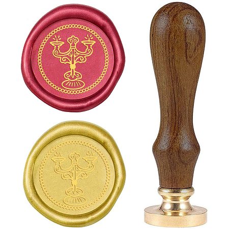 SUPERFINDINGS 1PC Wax Seal Stamp Candlestick Pattern Sealing Wax Stamp for Invitations Envelopes Gift Card Bottle Decoration, Wooden Handle, 1inch Diameter Golden Brass Head, Without Wax
