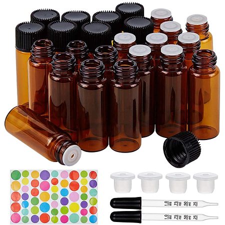 BENECREAT 40 Pack 5ml Amber Brown Orifice Reduce Essential Oil Bottles with Glass Droppers and Colorful Labels for Aromatherapy Fragrance Oils