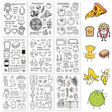 GLOBLELAND 9 Sheets Food Theme Silicone Clear Stamps Seal for Card Making Decor and DIY Scrapbooking(Popcorn Pizza Cookies Bread Peanut Butter Banana Baking Pasta Drinks Chocolate)