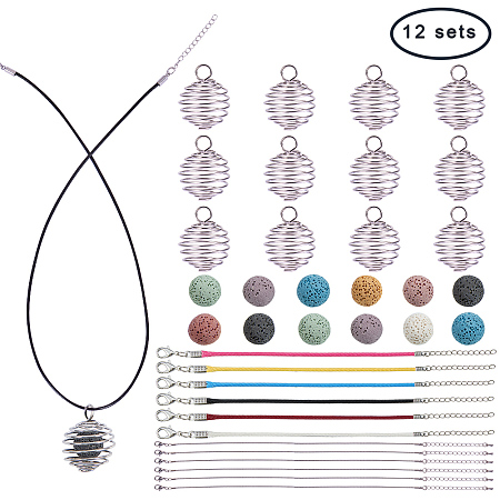 PandaHall Elite 12 Pcs Iron Spiral Bead Cages Pendants Charms 29x25mm with 12 Pcs Lava Rock Stone Beads and 5 Strands Leather Necklace Cord and 6 Strands Snake Chain and 1 Strand Wax Cotton Cord