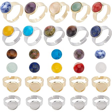 SUNNYCLUE 1 Box 40Pcs DIY 20 Sets Stainless Steel Ring Base Settings Adjustable Ring Making Kit Natural Gemstone Cabochon Rings for Jewelry Making Finger Ring Blanks Components Adult Craft Supplies