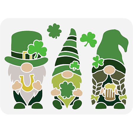 FINGERINSPIRE St Patrick's Gnome Stencil 11.7x8.3 inch Plastic 3 Patterns Gnomes Drawing Stencils Lucky Clover Craft Stencils St Patrick's Day Decoration for Painting on Wall Tiles Fabric