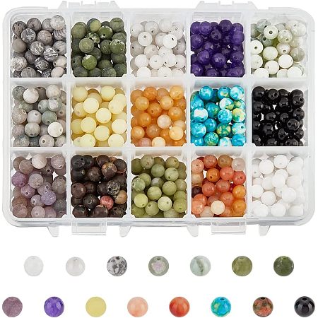 NBEADS 750 Pcs 6mm Natural Gemstone Beads, 15 Styles Round Synthetic Gemstone Beads Loose Natural Stone Spacer Beads for DIY Bracelet Necklaces Jewelry Making