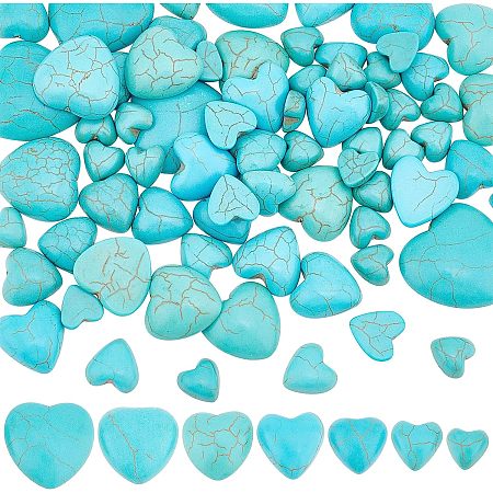 PandaHall Elite 74pcs Turquoise Stone Cabochons, 7 Sizes Heart Gemstone Tiles Blue Texture Gemstone Tiles Dome Bead Stone Cabochon Tile for Bracelet Necklace Earrings Cameo Jewelry Making, 10~24mm