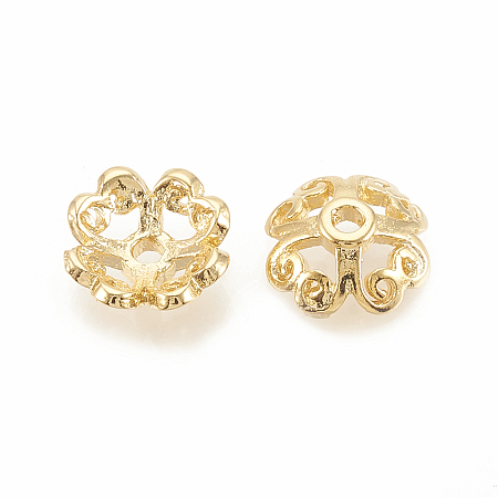 Honeyhandy Brass Bead Caps, Flower, 4-Petal, Hollow, Nickel Free, Real 18K Gold Plated, 7.5x7.5x2.5mm, Hole: 1mm