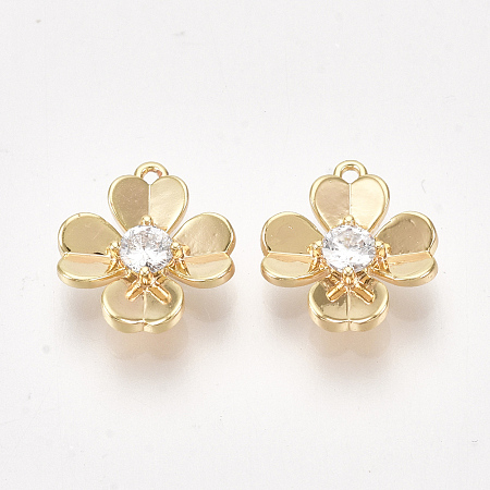 Honeyhandy Brass Cubic Zirconia Charms, Flower, Clear, Nickel Free, Real 18K Gold Plated, 11x10x2.5mm, Hole: 0.8mm