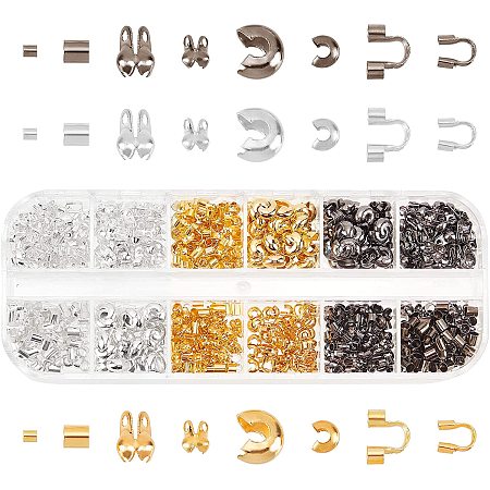 SUNNYCLUE 1 Box 900pcs Jewelry Findings Kit 3 Colors 2 Size Bead Tips & Crimp Beads Covers & Tube Brass Crimp Beads & Wire Guardians Jewelry Making Supplies, Mixed Color