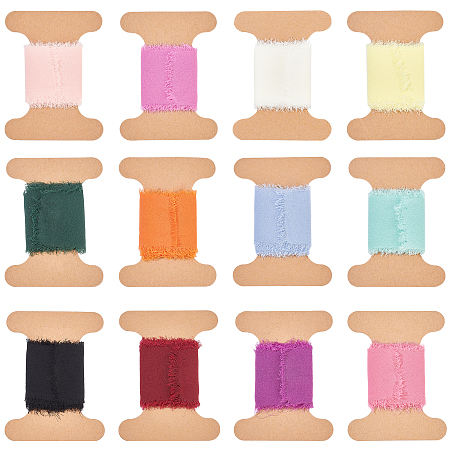 BENECREAT 12M 12 Colors Polyester Ribbons, Flat with Raw Edges, Mixed Color, 1/8 inch(3.8~4mm), 0.28mm, 1m/color