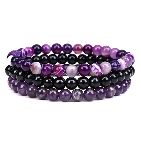 Honeyhandy 3Pcs 3 Style Natural Amethyst & Black Agate Round Beaded Stretch Bracelets Set, Gemstone Stackable Bracelets for Woman, Wide: 6mm, 7-1/4~7-1/2 inch(18.5~19cm), 1Pc/style