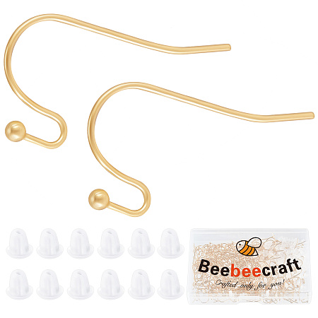 Beebeecraft 1 Box 200Pcs French Earring Hooks 18K Gold Plated Fish Hook Ear Wires Kit with Plastic Ear Nuts for DIY Women Earring Jewelry Making