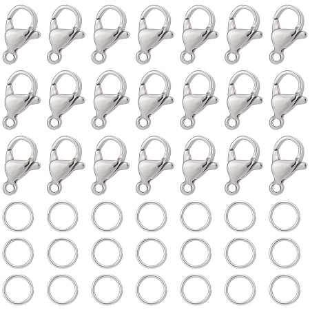 SUNNYCLUE 120Pcs 304 Stainless Steel Lobster Claw Clasps with 120Pcs Open Jump Rings, Stainless Steel Color, Clasp: 12x7x3.5mm, Hole: 1.5mm; Jump Rings: 6x0.7mm(21 Gauge), Inner Diameter: 4.6mm