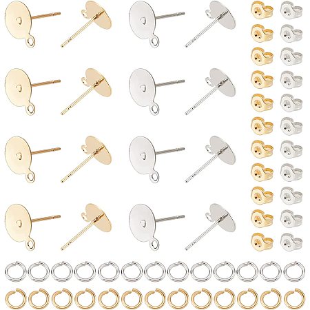 UNICRAFTALE 60 Sets 2 Colors Flat Round Stud Earring Settings 304 Stainless Steel Blank Earring Pins Flat Round Blank Peg Post Ear Studs Findings with Jump Rings, Ear Nuts for Earring Making