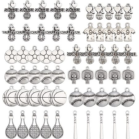 SUNNYCLUE 1 Box 96Pcs 12 Styles Sports Charms Tibetan Style Ball Games Baseball Football Soccer Basketball Love Alloy Pendants for Jewelry Making Charms Bracelets Necklaces Findings, Antique Silver