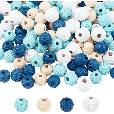 OLYCRAFT 160 Pcs Painted Natural Wood Beads 12mm Beehive Beads Thread Stripe Wood Ball 4 Candy Colors Honeycomb Beads in Bule Series for DIY Craft Jewelry Making