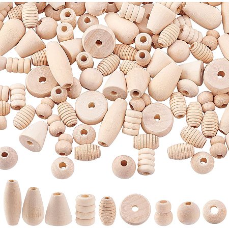 PandaHall Elite 200g Unfinished Wood Beads, Round Bicone Drop Natural Wooden Spacer Loose Beads for Macrame Garland Farmhouse Decor Bracelet Jewelry DIY Craft Making, Hole 3~4mm, Random