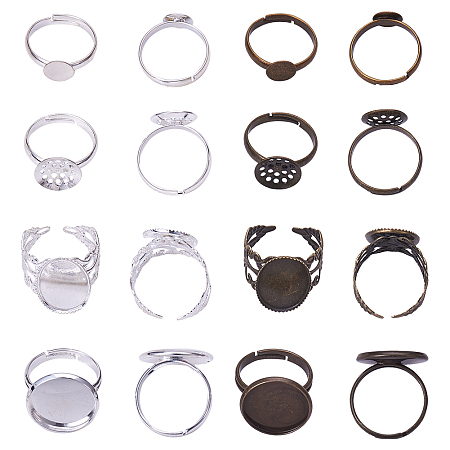SUNNYCLUE Adjustable Brass Pad Ring Settings, Mixed Shapes, Mixed Color, 32pcs/bag